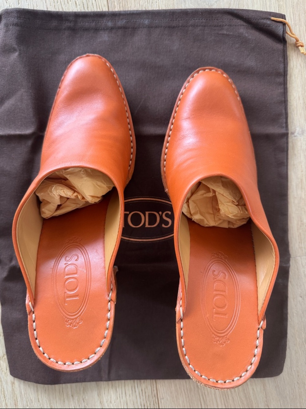 TOD'S!! Orange Leather Slip-On MULES AND CLOGS! HAND STITCHED! ALL LEATHER!